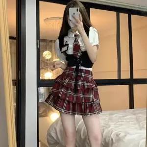코스프레 화이트 반팔퍼프 블라우스 레드체크치마 세라복 교복