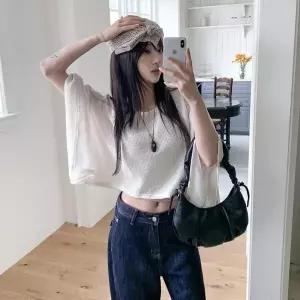 [하프클럽/]여성용 일상 시스루 케이프 디자인 니트 티셔츠 숄