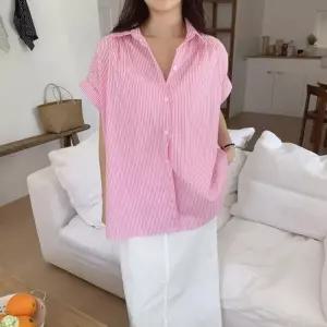 여자 코튼 스트라이프 소매 롤업 오버핏 반팔 남방_5