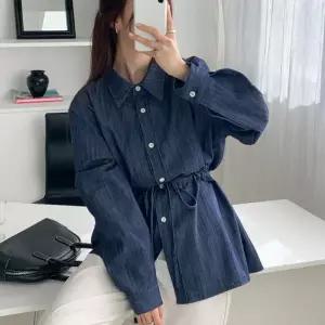 여자 논페이드 데님 스트링 오버핏 청남방 카라 셔츠_5
