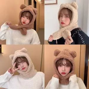 머플러 (앙상블) 곰돌이 일체형 후드 머플러 뽀글이 모자