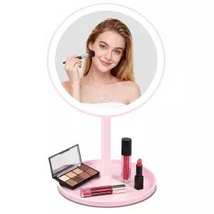 조명이 있는 아미피 메이크업 미러 4-in-1 충전식 마그네틱 360 회전 핑크 배니티 책상 여행용 3가지 색상
