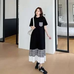 여성 체크 배색 롱 원피스 반팔 루즈핏 플리츠원피스 데일리 캐주얼원피스