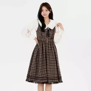 TBZ 딥브라운체크 레이스 버클 프렌치 레트로 경성의상