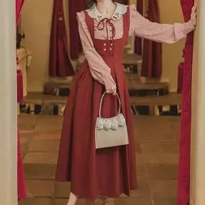 TBZ 레드체크 앵두자수 블라우스 플리츠 롱스커트 투피스