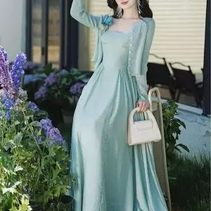 TBZ 에메랄드 슬림라인 힐링 투피스 세트(가디건 원피스)