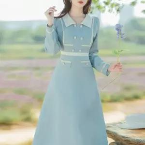 TBZ 스카이블루 진주버튼 트위드 각카라 원피스 경성의상