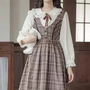 TBZ 브라운체크 레이스 버클 프렌치 레트로 경성의상 긴팔