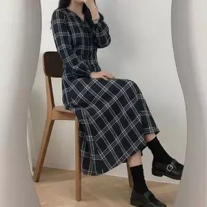 여성 체크무늬 슬림 롱 원피스 셔츠 드레스 2색