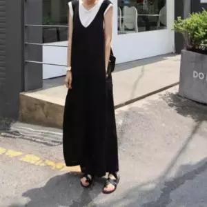 여자멜빵바지 여성 U넥 데일리 점프수트 소프트 와이드팬츠 올블랙