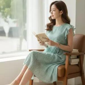 [다잇템]여자 폴리 프릴 소매 버티컬 미디 원피스