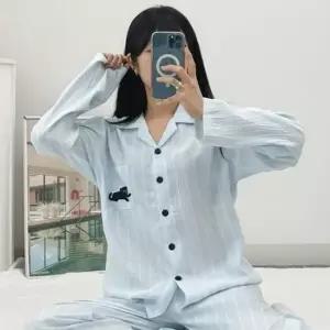 [라일리여성언더웨어] Rly 스트라이프 블루 고양이 자수 파자마 여성 잠옷