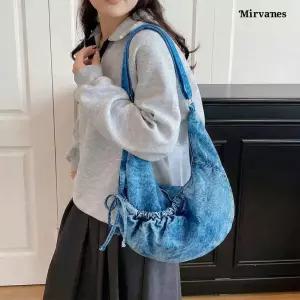 미르바네스 빈티지 데님 셔링 호보 숄더백 여성 캐주얼 데일리 가방 1743