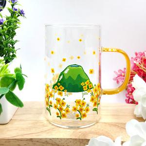 제주노리 칼라 핸들 유리 머그 유채 한라산 310ml 제주 유리컵 내열잔
