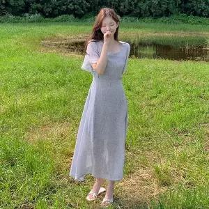 핫핑 리퓨어 쉬폰 플라워 스퀘어넥 윙소매 반팔 롱원피스