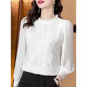 펀칭 크롭 린넨 오프숄더 흰색 블라우스 여성용 긴팔 화이트 레이스 쉬폰 셔츠 상의 Blusa Camisas E159