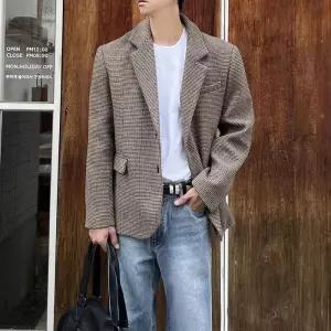 남자 블레이저 체크 마이 겨울 울 오버핏 콤비