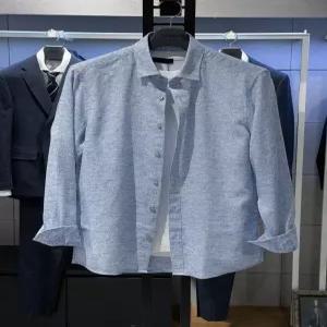 [트루젠]린넨혼방 라이트블루 히든버튼 기본핏 캐주얼 셔츠