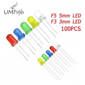100 개세트 3mm 5mm F3 F5 라운드 LED 울트라 브라이트 화이트 그린 옐로우 블루 레드 발광 다이오드 Diy