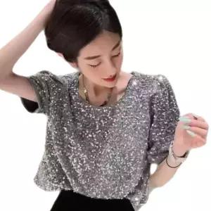 라인 반팔 댄스복 상의 반짝이 A. 블랙, A. S