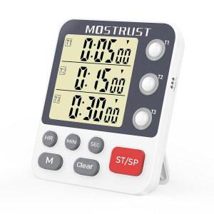 MOSTRUST 디지털 듀얼 키친 타이머, 요리용 3채널 카운트다운 트리플 마그네틱 메모리 프리셋 대형 디스플레이 조절 가능 알람 볼륨, 다중 시간 관리, 3A 배터리 포함, 화이