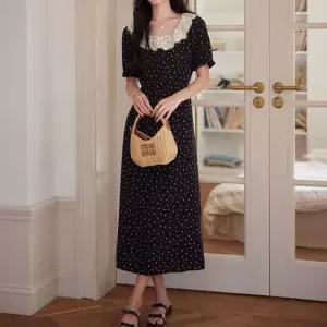 여성 패턴원피스 a라인 원피스 레이스 라운드넥 소매끝 밴딩 프릴 반팔