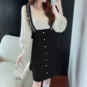 레이어드 스타일 원피스 배색 프릴 골드버튼 로맨틱룩