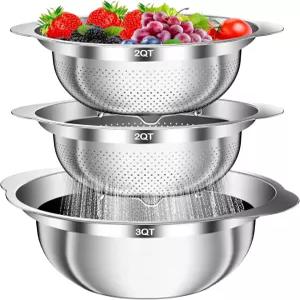 스테인리스 스틸 콜랜더 주방 음식용 3Pcs 스트레인 손잡이가 달린 기기 스트레이너 바구니 야채 과일 쌀
