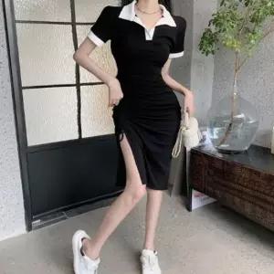 반팔 여자 배색 옆라인 카라 롱원피스 예쁜 셔링