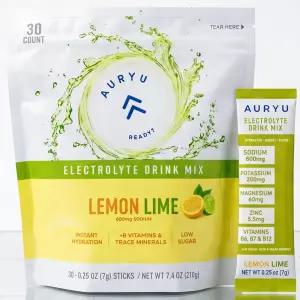 Auryu 전해질 음료 믹스 - 레몬 라임 맛 스틱 팩 30개 비타민 B 및 필수 미네랄 스포츠 여행 데일리