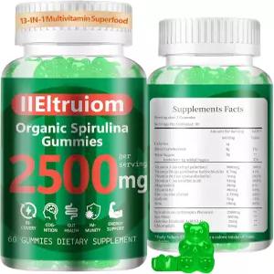 IIEltruiom 블루 스피룰리나 클로렐라 구미 13-in-1 슈퍼 그린 슈퍼푸드 2500mg 씨모스 엽록소 GLA 텐 프리