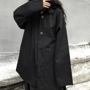 캐주얼 모직 코트 여성용 중간 길이 퓨어 컬러 트렌디 블랙 아우터웨어 -라인 프린세스 슬리브 롱 후드 봄