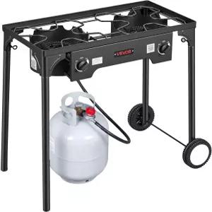 VEVOR 2 버너 야외 프로판 레인지 50000 BTU LPG 캠핑레인지 바퀴와 20 PSI 조절기 및 호스가 있는 튼튼한
