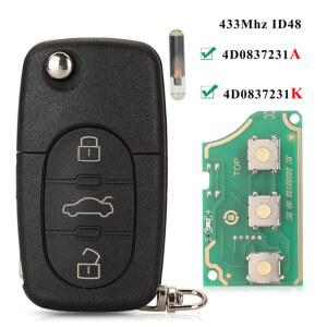 호환 Jingyuqin-4D0837231A 4D0837231K 3BTN 키 fob, A3 A4 A6 A8 TT RS4 콰트로 구형 모델 433Mhz ID48 칩 자동차 원격 플립