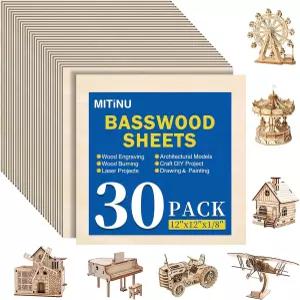 MITINU 30팩 공예용 배스우드 시트 12 x12 x1/8 3mm 두께 합판 절단 목재 연소 건축 모델 염색을 위한