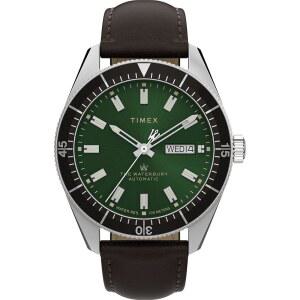 Timex 남성용 워터베리 전통 다이버 40mm 시계 - 브라운 스트랩 그린 다이얼 스테인리스 스틸 케이스