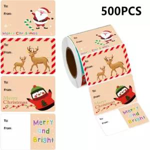500 PCS 크리스마스 선물 태그 스티커 롤 포장 인사말 파티 선호도를 위한 홀리데이 장식 접착 라벨 4가지