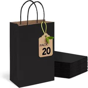 메샤 블랙 페이퍼 선물 가방 525x375x8 인치 20pcs 손잡이가 달린 작은 종이 크래프트 벌크 식료품 쇼핑