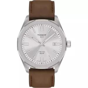 티쏘 PRC 100 솔라 은색 다이얼 39mm 남성용 시계 갈색 가죽 스트랩 쿼츠 무브먼트 T1514221603100 3135533