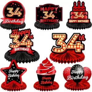 34번째 생일 축하해 빨간색과 검은색 테이블 벌집 중앙 조각 풍선 테마 장식 상판 여자 공주 34세 파티