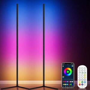 WISIMALL 2PCS RGB 코너 플로어 램프 64.5인치 RGB 색상 변경 무드등 블루투스 앱 리모컨 음악 동기화 LED 398 디밍 모드 현대식 거실용 플로어 램프 조명 타이밍