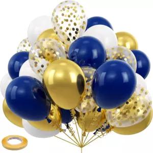 네이비 블루 및 골드 색종이 풍선 생일 결혼식 축하 졸업 장식용 33피트 금 리본이 달린 12 펄 화이트 골든