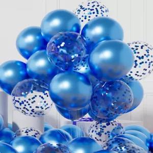 AULE 파티 풍선 팩 42 - 64피트 리본이 달린 메탈릭 블루 색종이 12 크롬 라텍스 헬륨 장식 세트