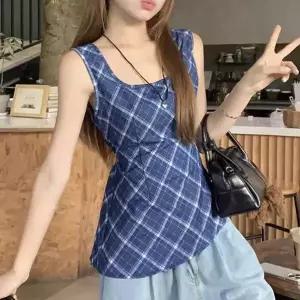 [하프클럽/]해외 여행 나시 코디 체크 민소매 블라우스 백트임