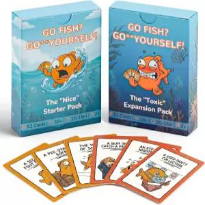 Go Fish Yourself 성인 파티 게임 번들 - 104개의 대형 카드 스타터 및 확장팩 포함 방수 매트 마감 성숙한