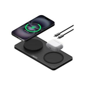 마우스 - Qi2 최대 15W 고속 충전이 가능한 듀얼 충전 스테이션 MagSafe 충전기 17 /16 /15 /14 /13 /12 Pixel 10 시리즈 에어팟과 호환 USB-C 케이블 매트 블랙