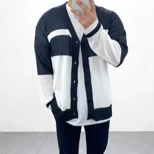 [하프클럽/] 남자 오버핏 여름 썸머 핀줄 배색 브이넥 니트가디건 남여공용