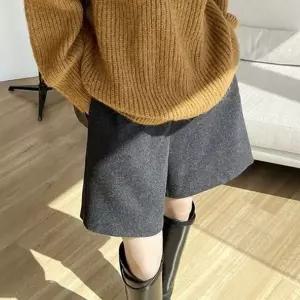 [하프클럽/]여성 모직 루즈핏 와이드 반바지 밴딩 겨울 하이웨스트