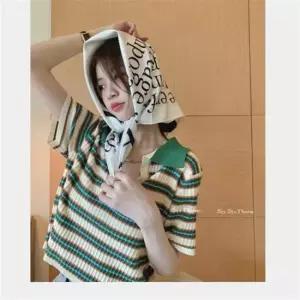 여름 브이넥 크롭 카라티 반팔 니트 스트라이프 여성