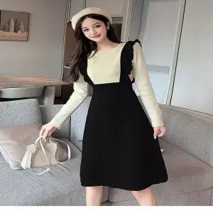 [하프클럽/]F16593a 멜빵 느낌 투피스 프릴 슬림핏 니트 원피스